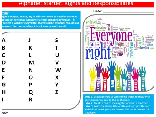 Rights & Responsibilities Alphabet Analyser British Values PSHE Activity KS3 GCSE Cover Homework
