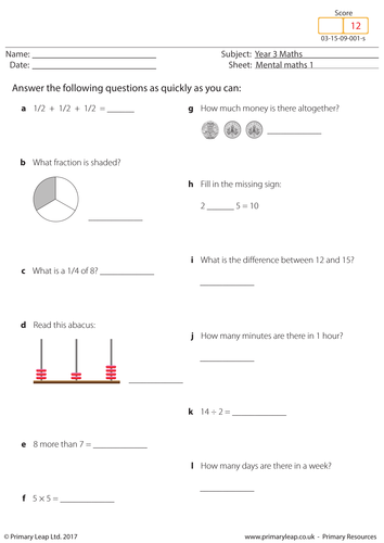 Mental Maths Worksheet 1