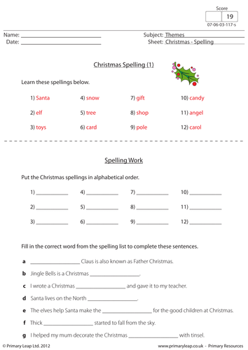 Christmas Spellings Worksheet 1