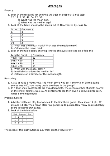 9-1 Maths GCSE Fluency, reasoning & Problem Solving: Averages