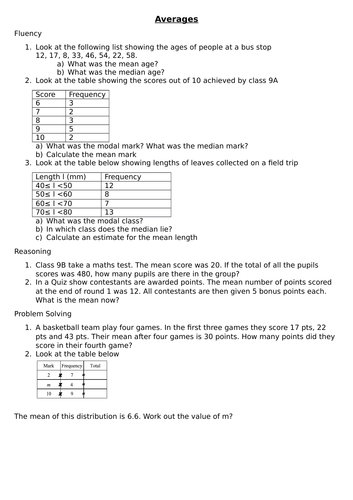 averages problem solving worksheet tes