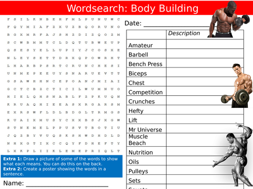Bodybuilding Wordsearch PE Sports Physcial Education Starter Keywords Activity KS3 Cover Lesson