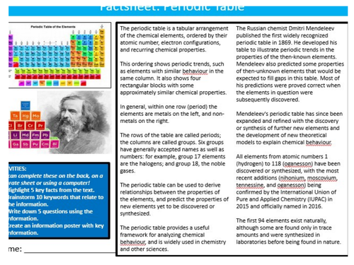 The Periodic Table Factsheet Worksheet Science Starter Keywords Activity KS3 GCSE Cover Homework