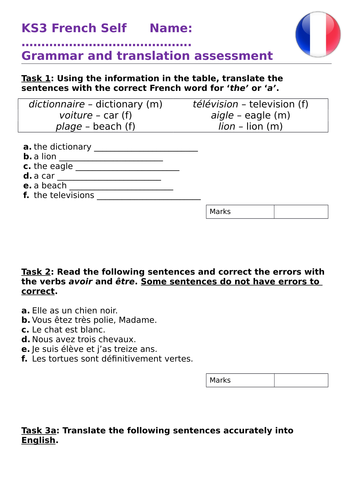 French Year 7 Grammar Assessment