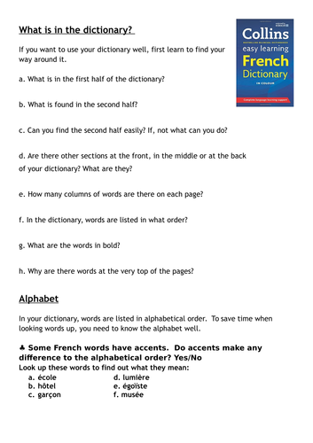 French Dictionary Skills worksheet
