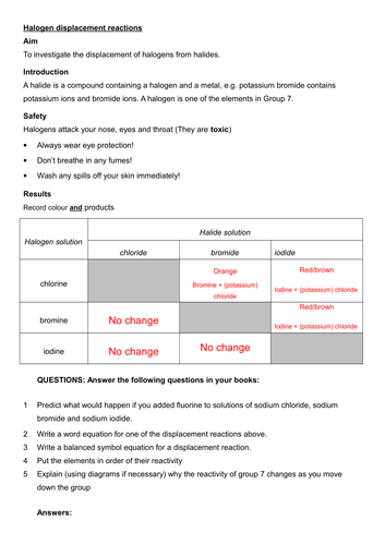 Group 7 Halogen - displacement reactions