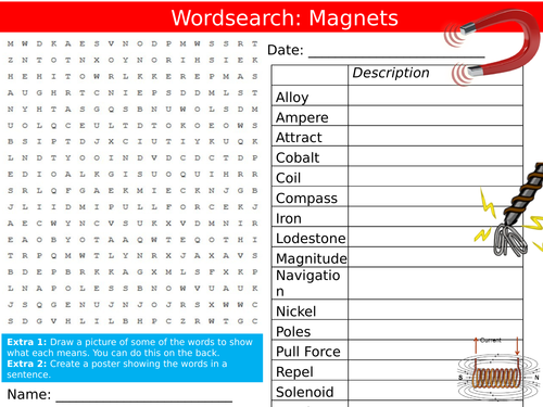 Magnets Wordsearch Science Physics Starter Keywords Activity KS3 GCSE Cover Lesson