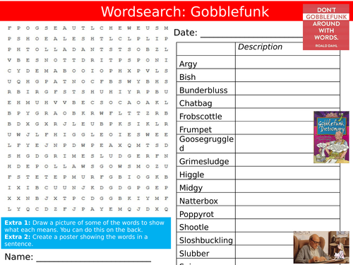 Gobblefunk Wordsearch Roald Dahl English Starter Settler Keywords Activity KS3 GCSE Cover Lesson