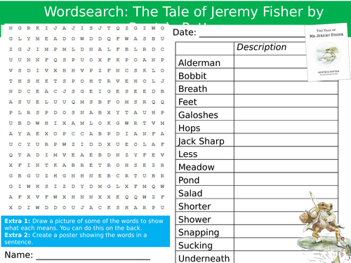 The Tale of Jeremy Fisher Wordsearch Beatrix Potter Settler Keywords Activity KS3 GCSE Cover Lesson