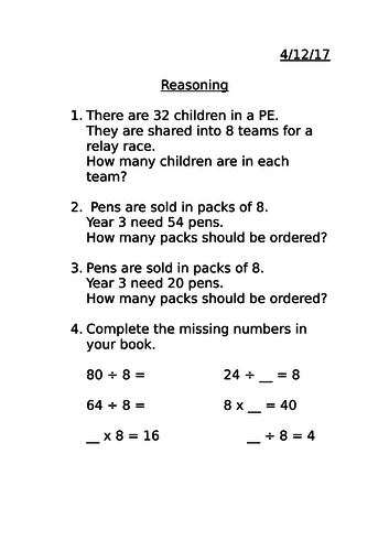 Multiplication and division reasoning questions MASTERY