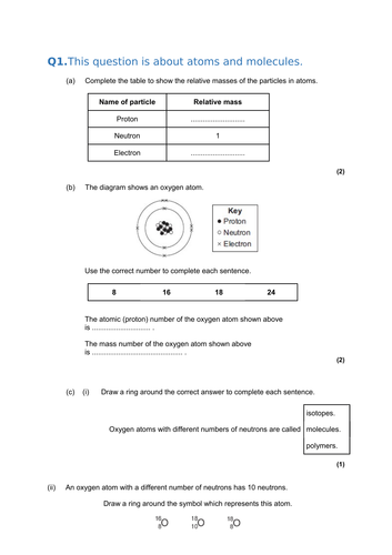 Test on New Year 9 trilogy and synergy Atomic Structure and Periodic Table with markscheme