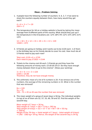 Mean average - including problem solving and applying knowledge to different scenarios