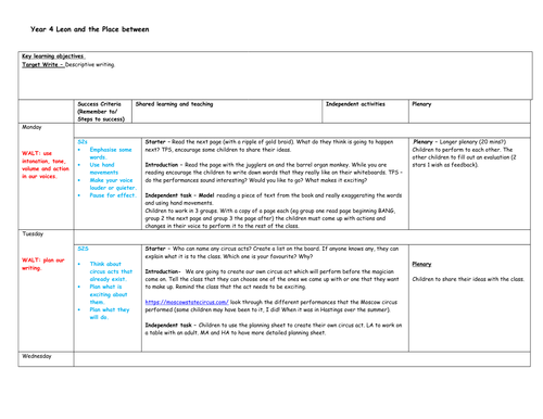 KS2 Weekly plan Leon and the Place between