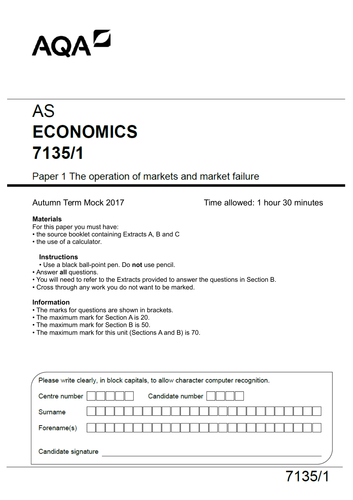 AQA AS-level Economics (new spec) Autumn Mock Exam Paper 1 (micro)