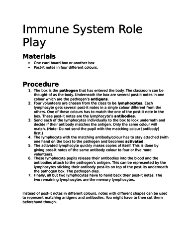 Role play to explain or recap the immune system