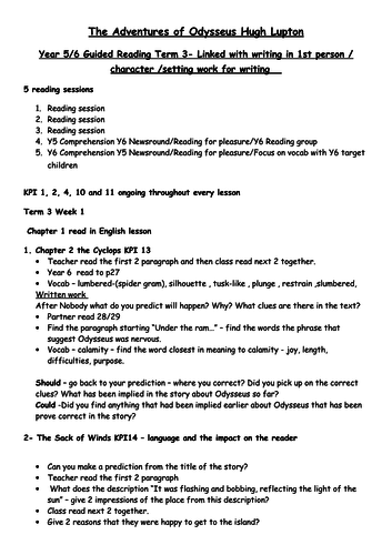 Reading plan for the Adventures of Odysseus by Hugh Lupton