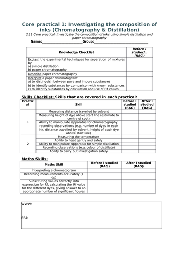 Edexcel 9-1 Evaluation sheets for CORE practical - Cover sheets RAG, Feedback, WWW, EBI + self asses