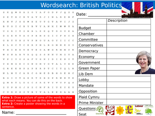 British Politics & Government Wordsearch PSHE British Values Settler Activity Cover Lesson