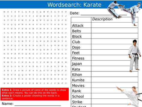 Karate Wordsearch Martial Arts PE Sport Starter Settler Activity Cover Lesson