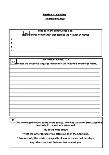 Mock paper questions in the style of English Language Paper 1 using the Monkey's  Paw text.