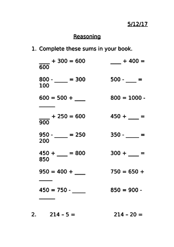 Reasoning addition and subtraction problems MASTERY