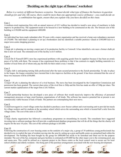 Sources of finance worksheets- differentiated | Teaching Resources