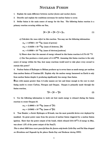 Nuclear Fusion Worksheet (GCSE/ A-Level)