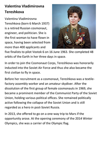 Valentina Vladimirovna Tereshkova Handout