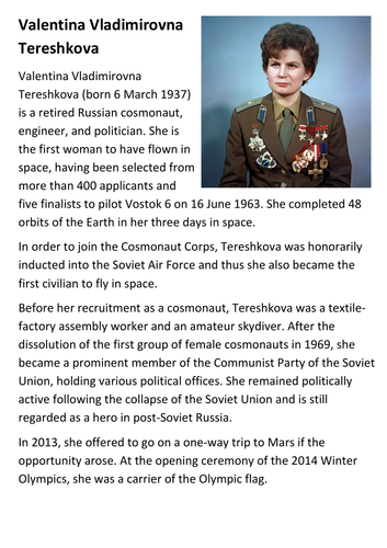 Valentina Vladimirovna Tereshkova Handout