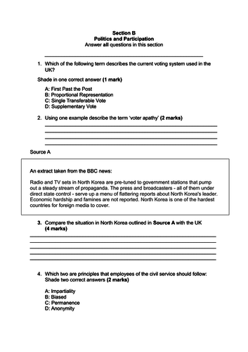 AQA 9-1 Citizenship : Politics and Participation mock exam/mark scheme