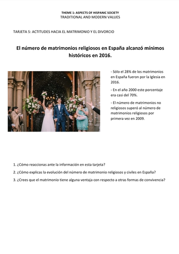 Spanish A Level - Paper 3 (Speaking). Discussion cards: Theme 1- Aspects of Hispanic society