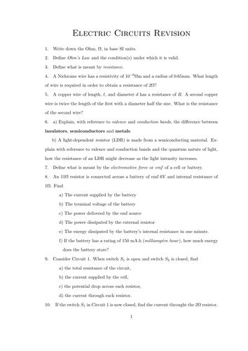 Electric Circuits Worksheet (A-Level)