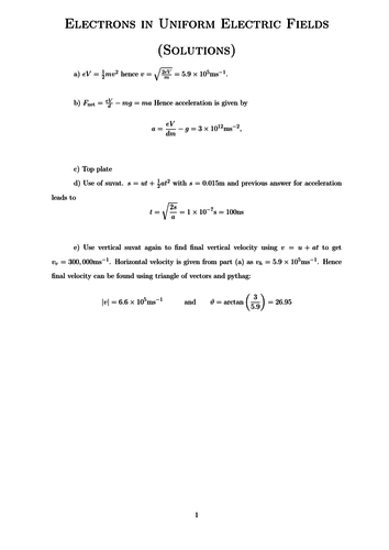 Electrons in Uniform Electric Fields Worksheet