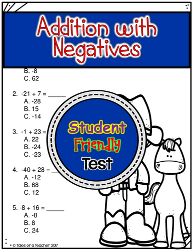 Addition with Negatives Test | Teaching Resources