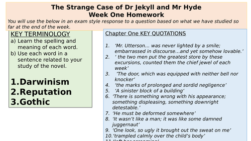 Jekyll and Hyde quotation and key terms homework, matching tests and weekly exam style question