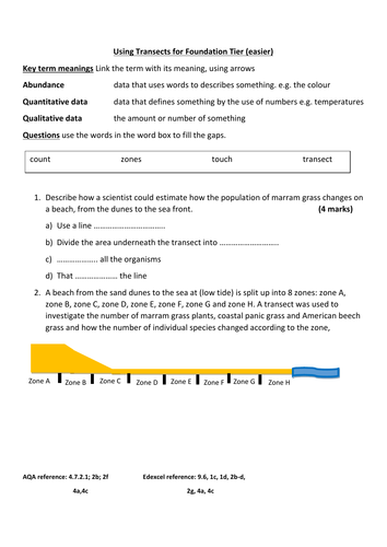 GCSE Ecology new spec for Foundation: transect worksheet