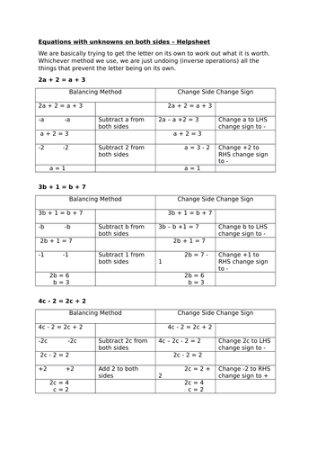 Equations with unknown on both sides - helpsheet