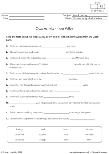 Cloze Activity - Indus Valley