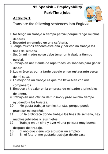 Spanish - Part time jobs - Worksheet - Trabajo a tiempo parcial