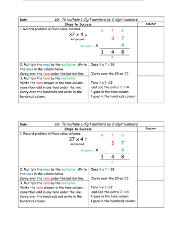 column multiplication 1 digit by 2 digit 3 digit teaching resources