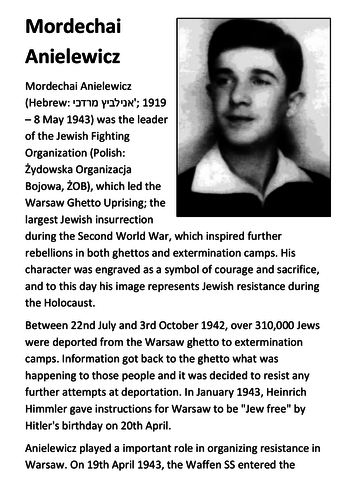 Mordechai Anielewicz  - The Warsaw Ghetto Uprising Handout