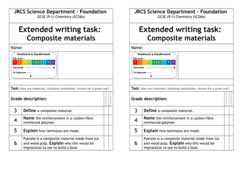 different self-assessment extended writing tasks for GCSE Combined Science and GCSE Chemistry