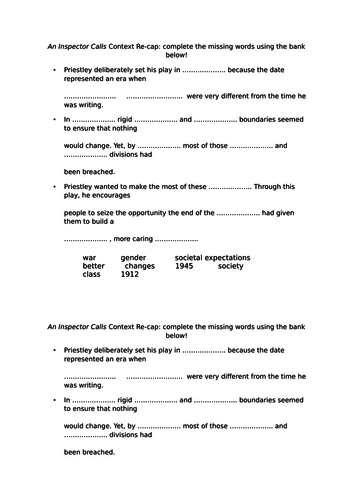 An Inspector Calls context fill in the gaps