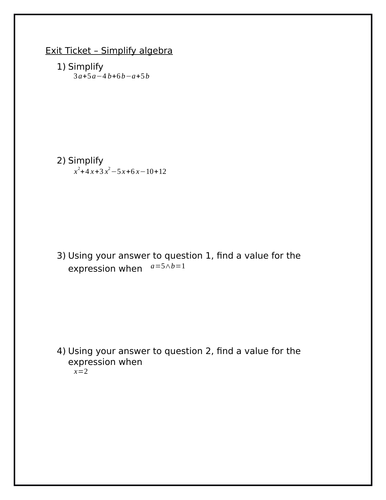 Exit Ticket - Simplifying and Substitution