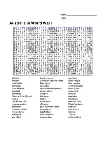 Australia in World War I Word Search