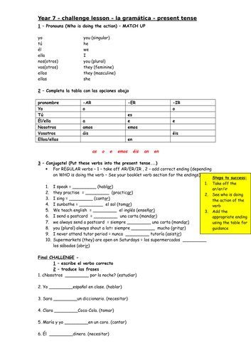 Spanish KS3 - Present tense (regular)  grammar worksheet