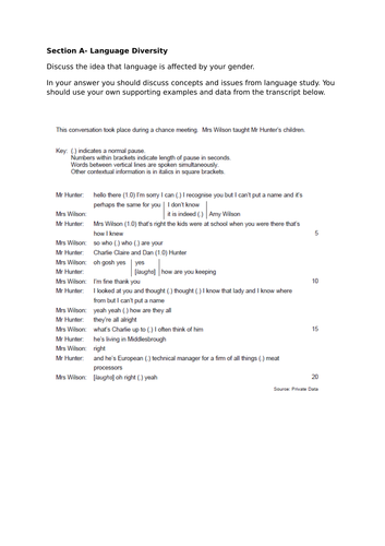 AQA English Language AS Paper 2 Section A gender assessment