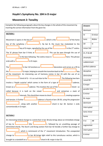 Harmony &amp; Tonality Worksheets - Haydn Symphony No. 104 (Movements I ...