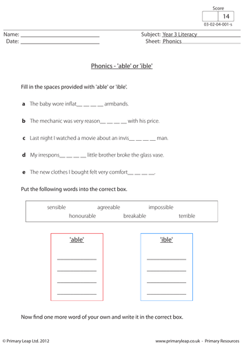 Phonics - able and ible