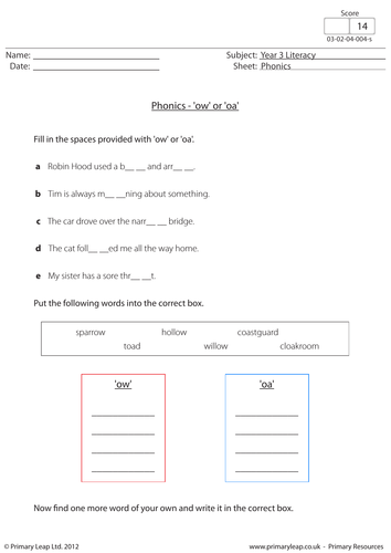 Phonics - ow and oa